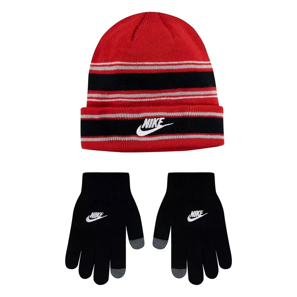 Nike Kids Boys Red Multi‎ Stripe Beanie Hat and Gloves Set - (9A3047-U10) - NWT